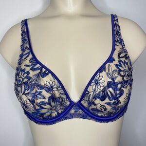 MYLA London Bra 34B Blue Lace Floral Underwire Sheer Unlined Feminine Intimates